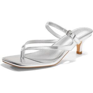 Womens Strappy Kitten Heels Flip Flops Silver